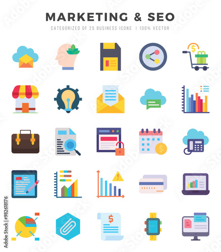 Marketing & Seo Icons Pack. Flat icons set. Flat icon collection set. Simple vector icons.