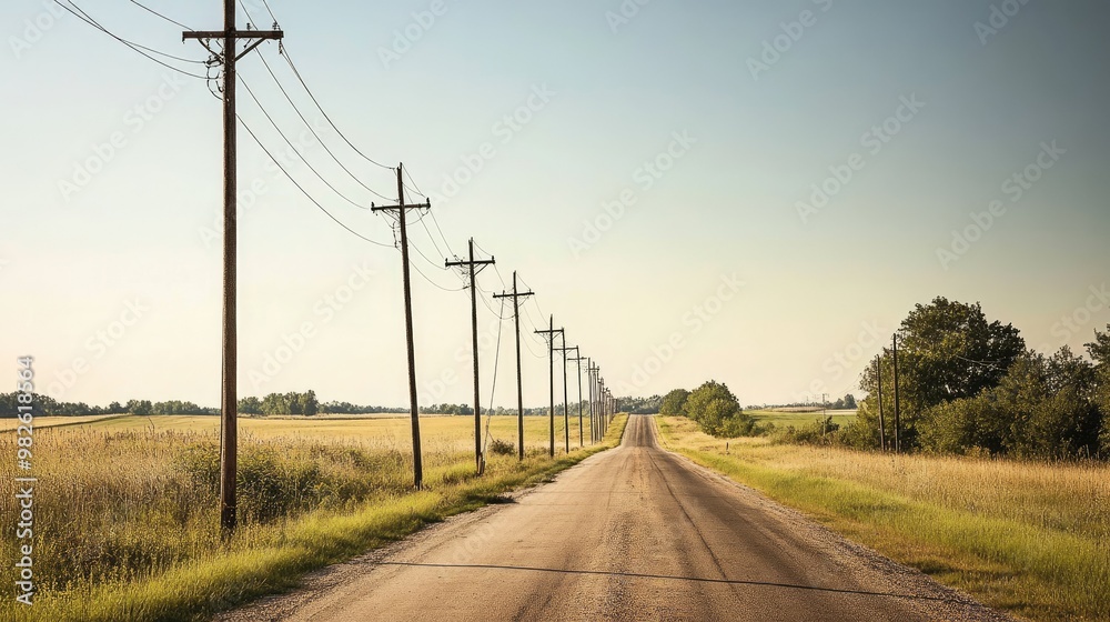 A row of electric poles along a country road with a clear, bright sky. The unobstructed space around the poles is ideal for adding copy. A row of electric poles along a country road with a clear, bright sky. The unobstructed space around the poles is ideal for adding copy.