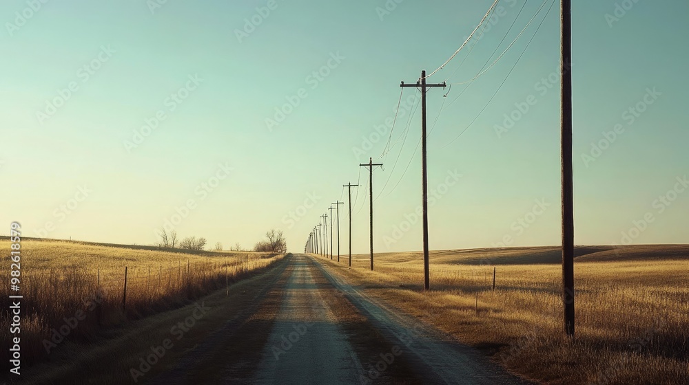 A row of electric poles along a country road with a clear, bright sky. The unobstructed space around the poles is ideal for adding copy. A row of electric poles along a country road with a clear, bright sky. The unobstructed space around the poles is ideal for adding copy.