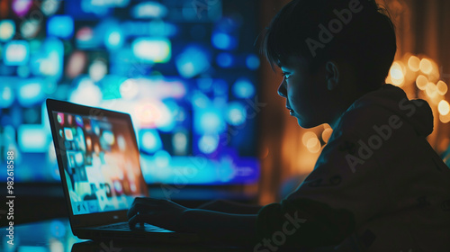 Person sitting alone in dimly lit room using laptop, concerned about social media privacy with thoughtful expression. Focus on digital security and online presence.