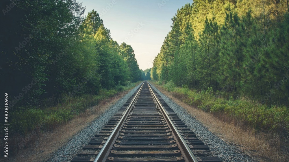 Fototapeta premium A scenic view of railway tracks through a dense forest with a clean, open sky. The clear space around the tracks is perfect for text placement.