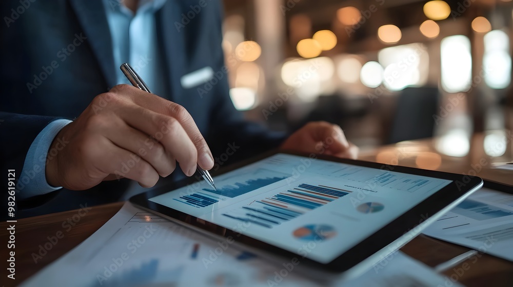 Businessman Analyzing Financial Data on Tablet in Office Environment Businessman Analyzing Financial Data on Tablet in Office Environment