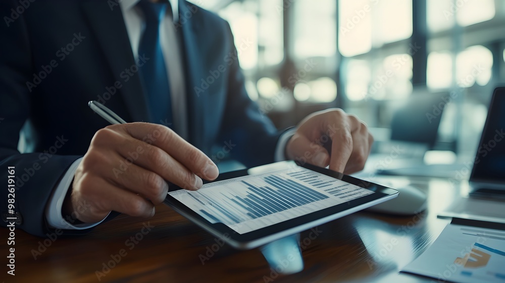 Businessman Analyzing Financial Data on Digital Tablet in Office Businessman Analyzing Financial Data on Digital Tablet in Office