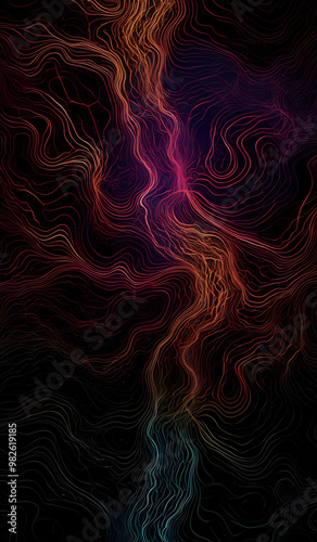 Colorful wavy neon lines background on black