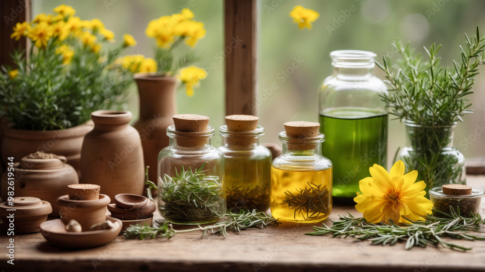 A variety of natural and herbal elements arranged on a wooden surface. Alternative herbal medicine concept. A variety of natural and herbal elements arranged on a wooden surface. Alternative herbal medicine concept.