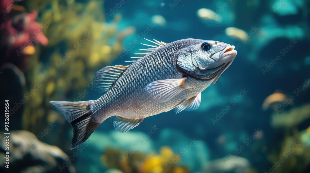 A sea bass swimming in its natural habitat with a clear, unobstructed underwater background. The space around the fish is ideal for adding A sea bass swimming in its natural habitat with a clear, unobstructed underwater background. The space around the fish is ideal for adding