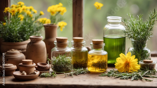 A variety of natural and herbal elements arranged on a wooden surface. Alternative herbal medicine concept.