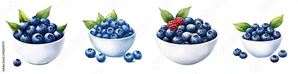 Fresh blueberries in white bowls create vibrant and inviting display Fresh blueberries in white bowls create vibrant and inviting display