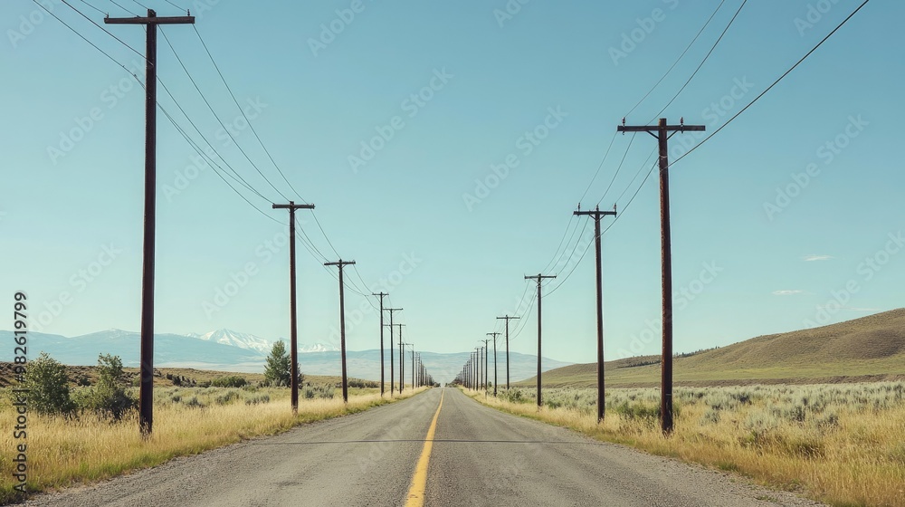 A series of electric poles along a rural road with a clear, empty sky above. The ample space around the poles is perfect for adding copy. A series of electric poles along a rural road with a clear, empty sky above. The ample space around the poles is perfect for adding copy.