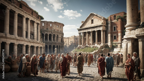 Ancient Rome street scene with people walking photo