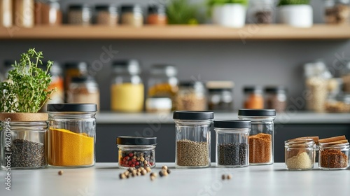 A set of spice jars and containers on a kitchen counter with a clean, bright background. The unobstructed space around the jars provides room for copy.