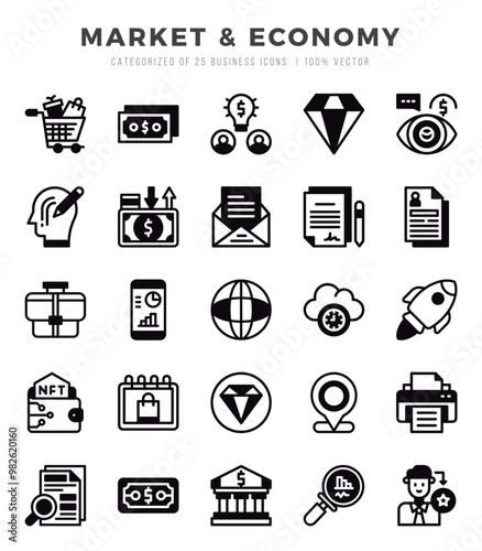 Market & Economy Icons Pack Lineal Filled Style. Vector illustration.