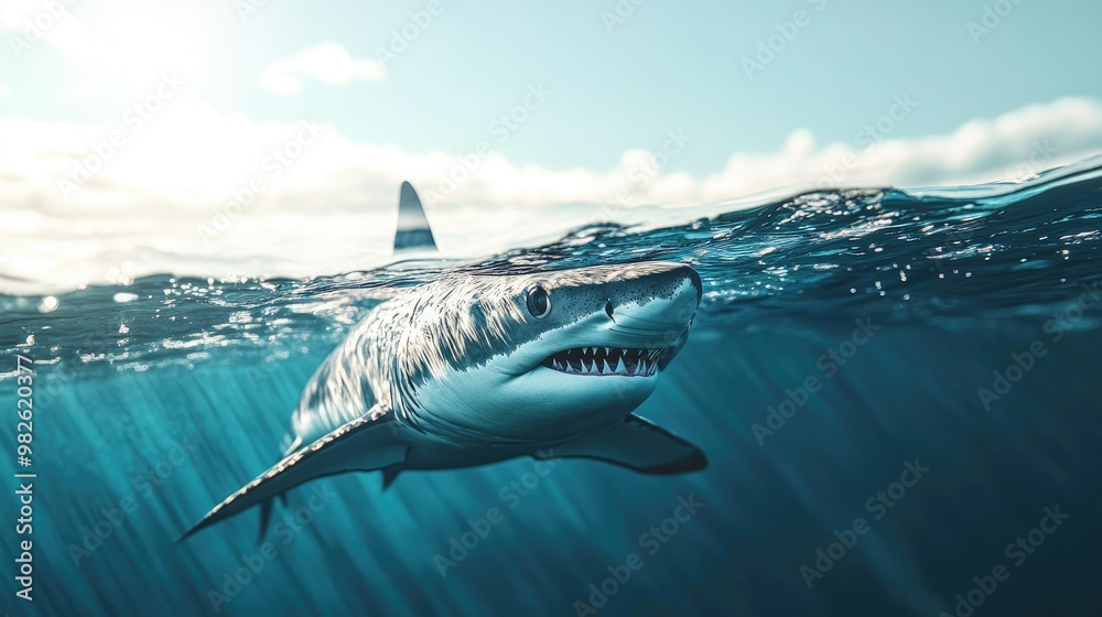 Fototapeta premium A shark swimming close to the ocean surface with a bright, clear sky above. The open water space around the shark is ideal for text