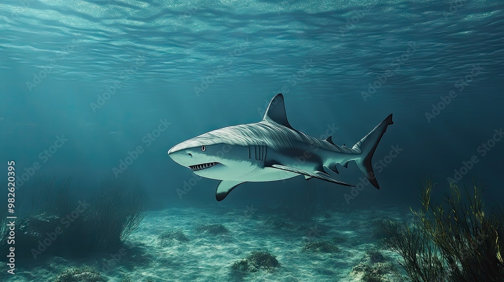Fototapeta premium A shark patrolling the ocean floor with a wide-open background. The clean, unobstructed water around the shark provides room for copy.