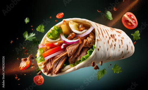 Close-up of kebab sandwich with flying ingredients. Freeze motion.