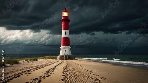 Dramatic landscape featuring a solitary lighthouse on a sandy beach photo