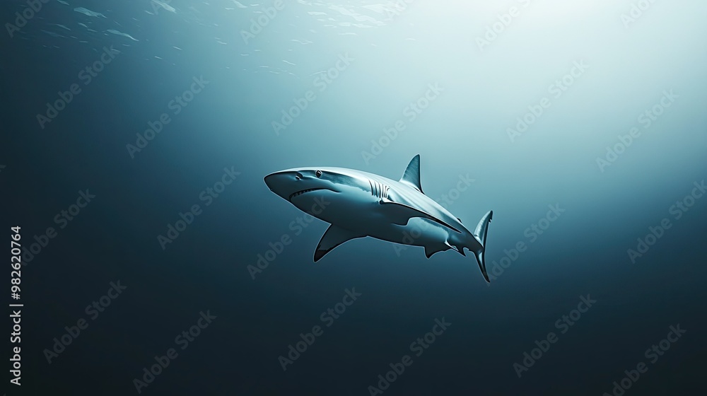 A sleek shark moving rapidly through deep ocean waters with a clean, empty backdrop. The clear space around the shark is ideal for adding text. A sleek shark moving rapidly through deep ocean waters with a clean, empty backdrop. The clear space around the shark is ideal for adding text.