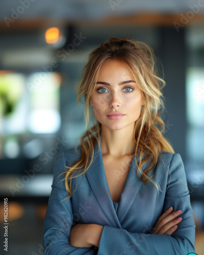 Portrait of business woman wearing blue suit standing on an office background with crossed arms