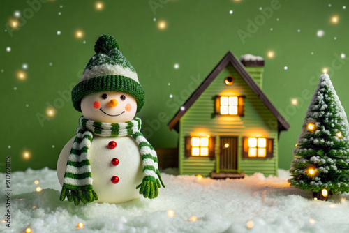 snowman with christmas tree and gifts photo