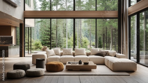 A spacious Nordic-style living room with neutral tones, large windows, and a comfortable sofa. The open floor plan leaves room for copy placement in the background. --