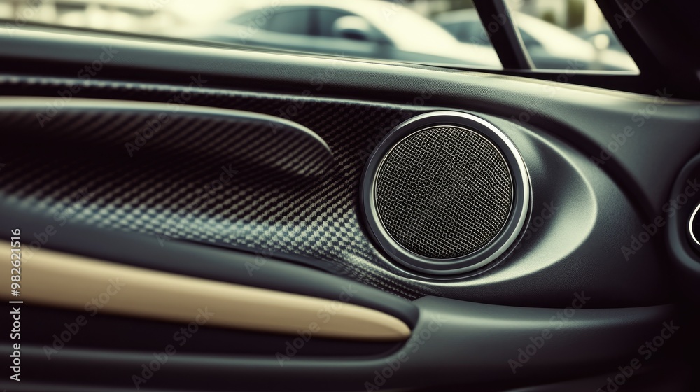 A stylish car interior with a visible round speaker in the door panel. The clean lines and uncluttered space around the speaker allow for copy placement. - A stylish car interior with a visible round speaker in the door panel. The clean lines and uncluttered space around the speaker allow for copy placement. -