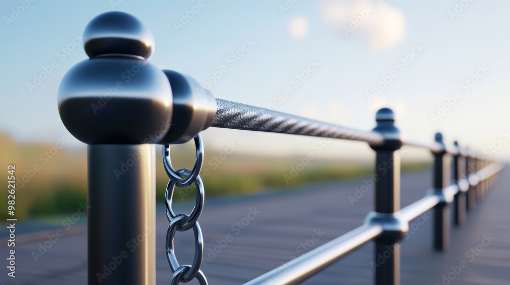 Close-up of a shiny metal railing with a smooth finish, capturing textures against a serene outdoor backdrop. Close-up of a shiny metal railing with a smooth finish, capturing textures against a serene outdoor backdrop.