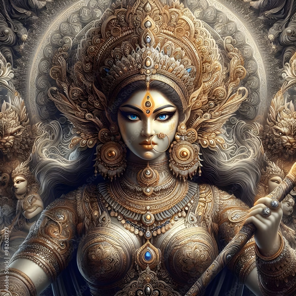 Fototapeta premium Hindu Goddess Durga Maa Adorable and Fierce Illustration | Devotional AI-Generated Art with Angry Look