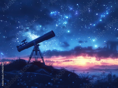 A silhouette of a telescope on top of a hill, with a starry sky background, at night, in a blue and black color theme, in an illustration style, as a vector art piece, with a simple design, high resol photo