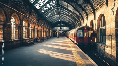 A train arriving at a historic railway station with a clean, spacious platform. The unobstructed space around the platform offers ample room for text. -