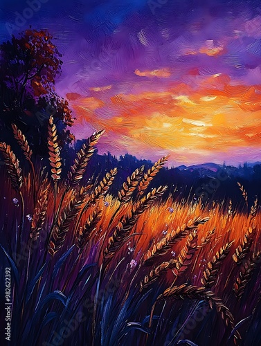 Vibrant Sunset Over Wheat Field Landscape Painting