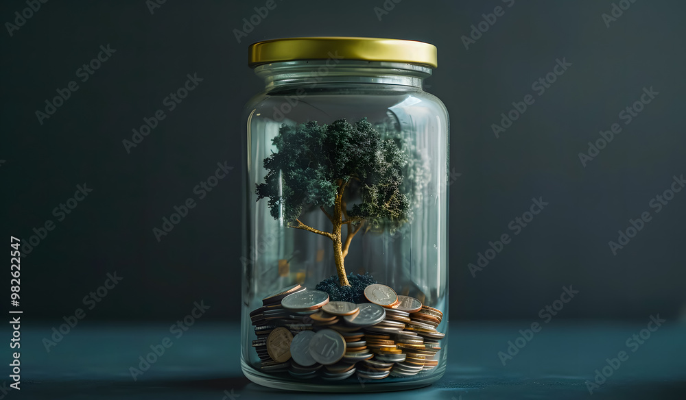 Plant Growing Out Of Coin Jar On Table In Office With Soft Grey Background - Investing And Business Success Concept Plant Growing Out Of Coin Jar On Table In Office With Soft Grey Background - Investing And Business Success Concept