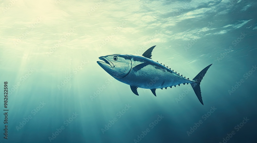 Fototapeta premium A tuna swimming underwater with a clean, unobstructed ocean background. The open space around the fish is perfect for adding copy.