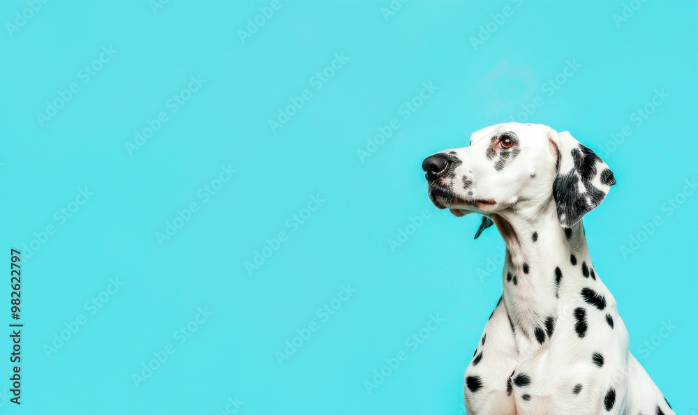 Adorable Dalmatian dog on blue background. Copy space Adorable Dalmatian dog on blue background. Copy space