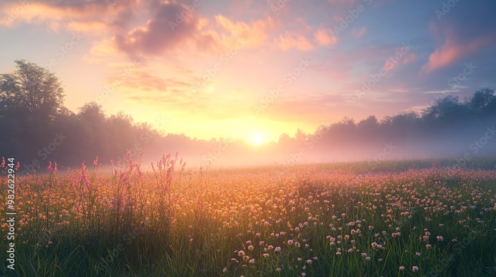 Fototapeta premium Sunrise over a field of wildflowers with a hazy forest in the background