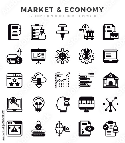 Set of Market & Economy Icons Lineal Filled icons collection.