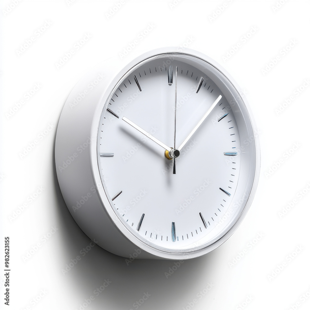 A simple, modern white wall clock with black hands on a white background, symbolizing time, minimalism, and punctuality. A simple, modern white wall clock with black hands on a white background, symbolizing time, minimalism, and punctuality.