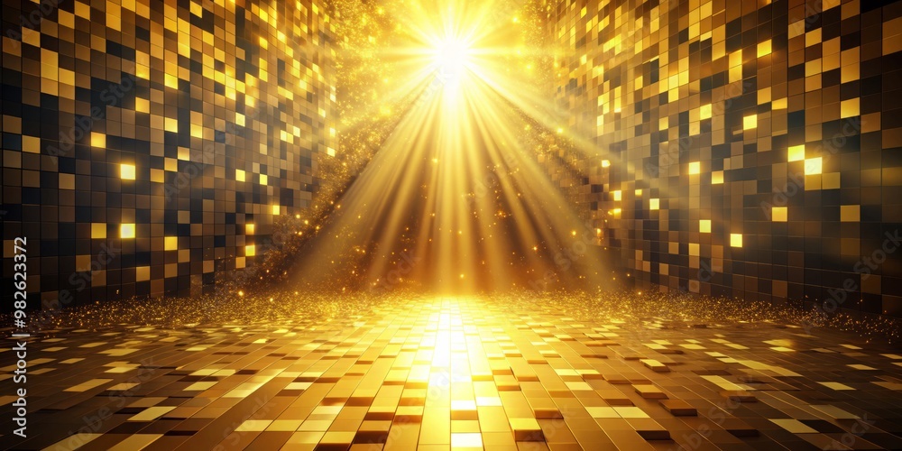 Refracted rays of golden light descend upon an ethereal, pixelated ...