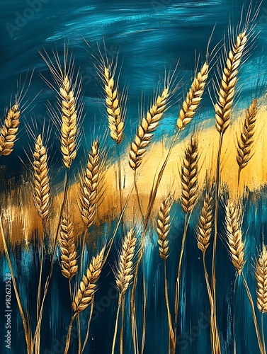 Golden Wheat Stalks Against Vibrant Blue Background