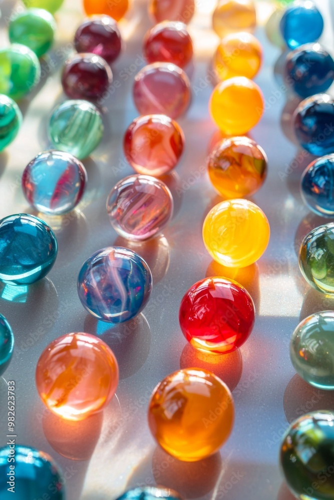 Colorful marbles perfectly arranged in a grid on a shiny surface with light reflections. Colorful marbles perfectly arranged in a grid on a shiny surface with light reflections.
