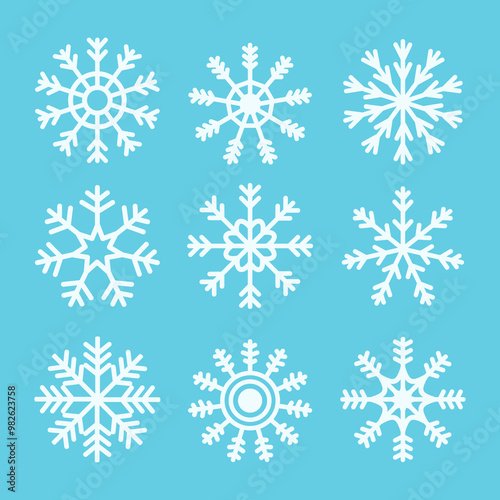 White snowflake icon set. Different shape. Snowflakes collection. Cute funny snow flake winter sign symbol template. Childish style. Flat design. Isolated. Blue background. Vector illustration