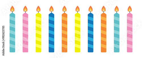 Happy Birthday candle set line. Striped burning candles with fire flame. Different bright color. Flat design. Clip art elements for invitation, poster, birthday card. Isolated White background. Vector