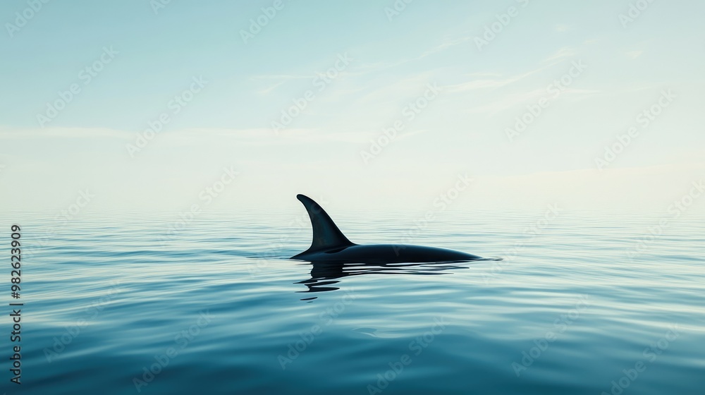 A whale dorsal fin emerging from the water with a clean, unobstructed ocean surface. The ample space around the fin is ideal for text. A whale dorsal fin emerging from the water with a clean, unobstructed ocean surface. The ample space around the fin is ideal for text.