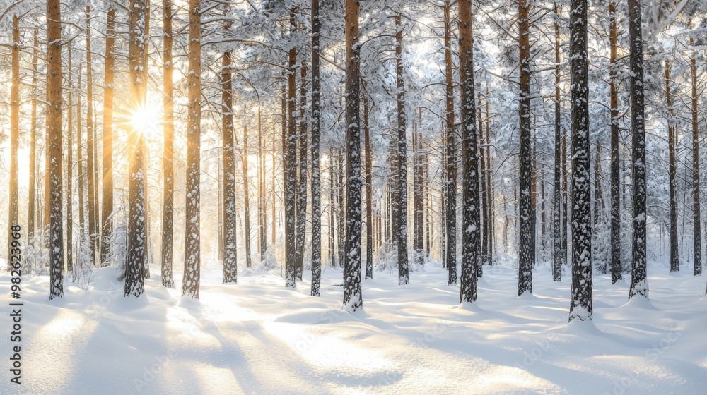 Fototapeta premium A snowy forest with trees and a sun shining through the trees