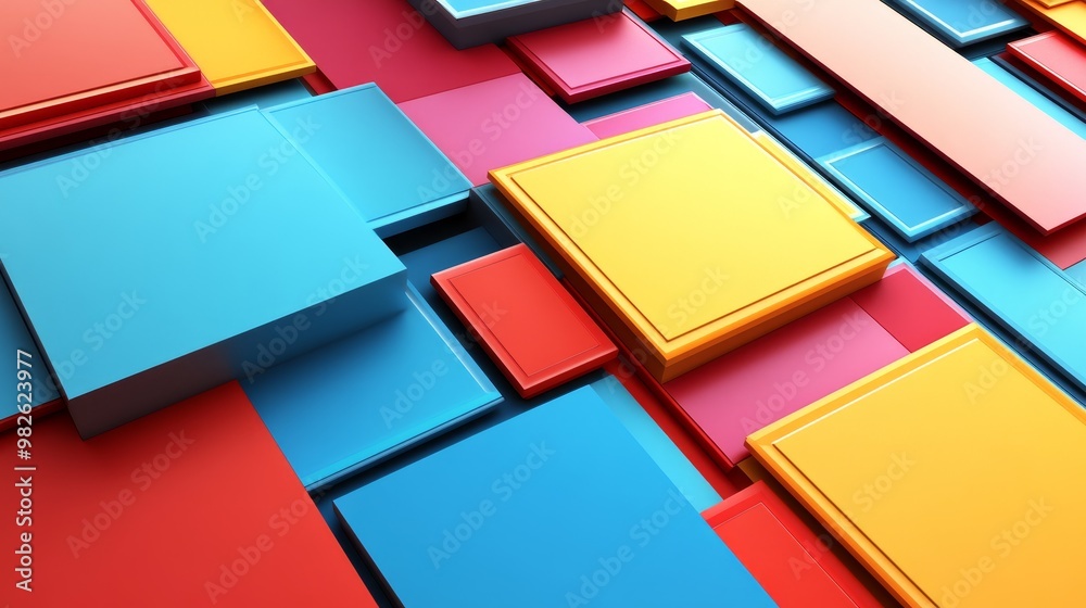 Colorful abstract composition of geometric shapes featuring squares in vibrant hues of blue, red, yellow, and pink. Colorful abstract composition of geometric shapes featuring squares in vibrant hues of blue, red, yellow, and pink.