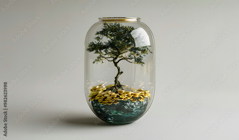 Plant Growing Out Of Coin Jar On Table In Office With Soft Grey Background - Investing And Business Success Concept Plant Growing Out Of Coin Jar On Table In Office With Soft Grey Background - Investing And Business Success Concept