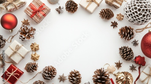 Christmas background and Happly new year, white background with golden glitter and snowflakes, white gift box