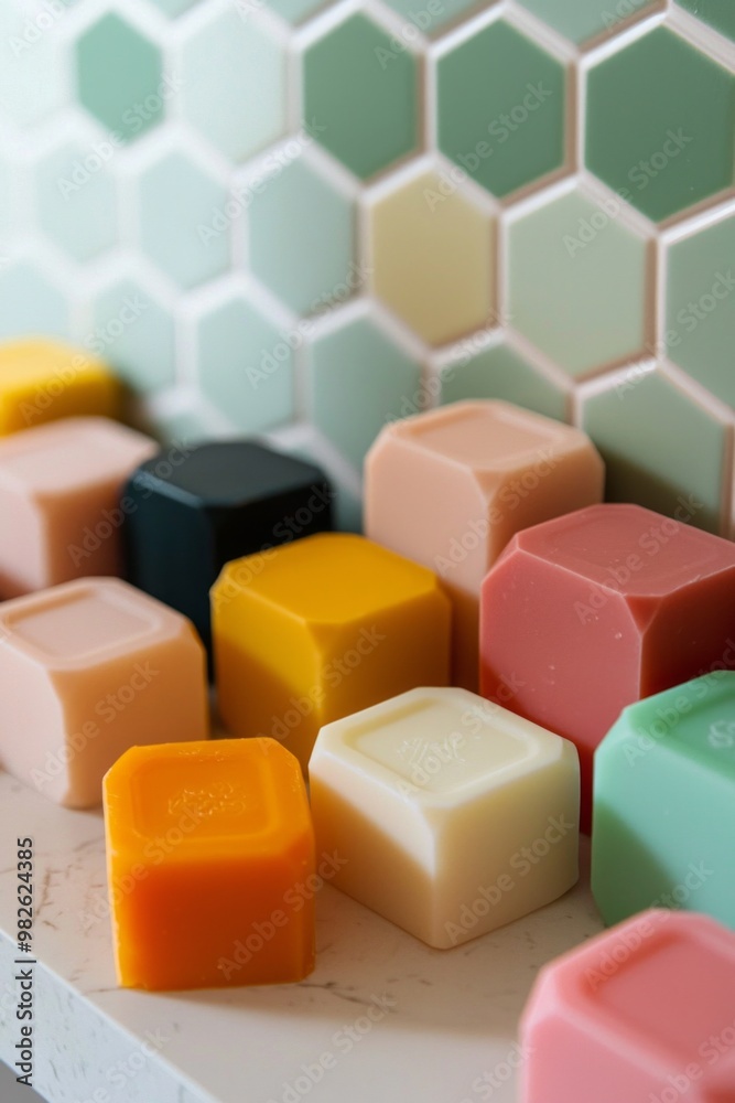 Colorful soap bars arranged in a geometric pattern on a bathroom counter. Colorful soap bars arranged in a geometric pattern on a bathroom counter.