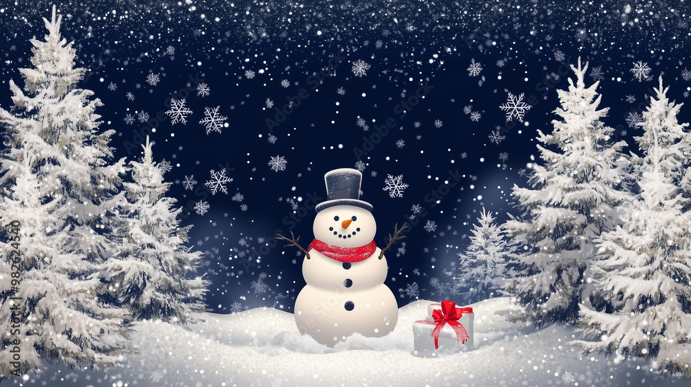 Obraz premium Snowman with Top Hat and Red Scarf in Snowy Night Scene
