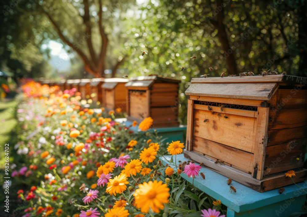 Beehives with honey bees flying on a sunny day standing on meadows with wildflowers Beehives with honey bees flying on a sunny day standing on meadows with wildflowers