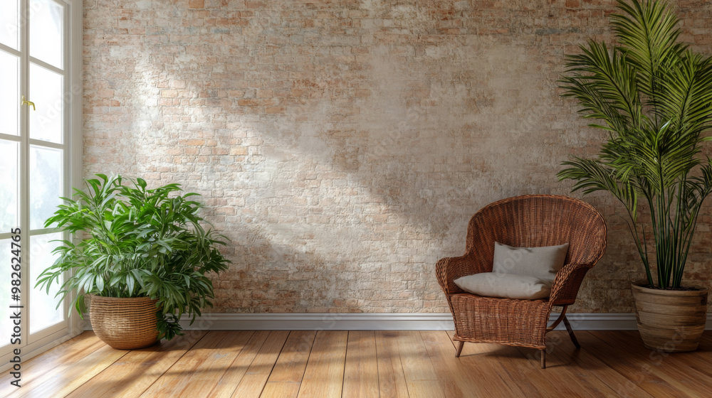 Obraz premium Cozy interior space featuring a rattan chair, indoor plants, and textured brick wall bathed in soft natural light